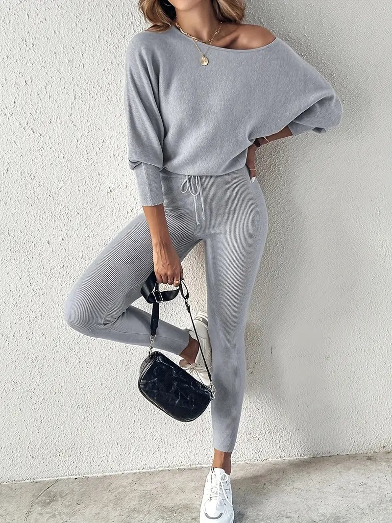 Detail of the luxurious ribbed texture on a women's lounge knit set.