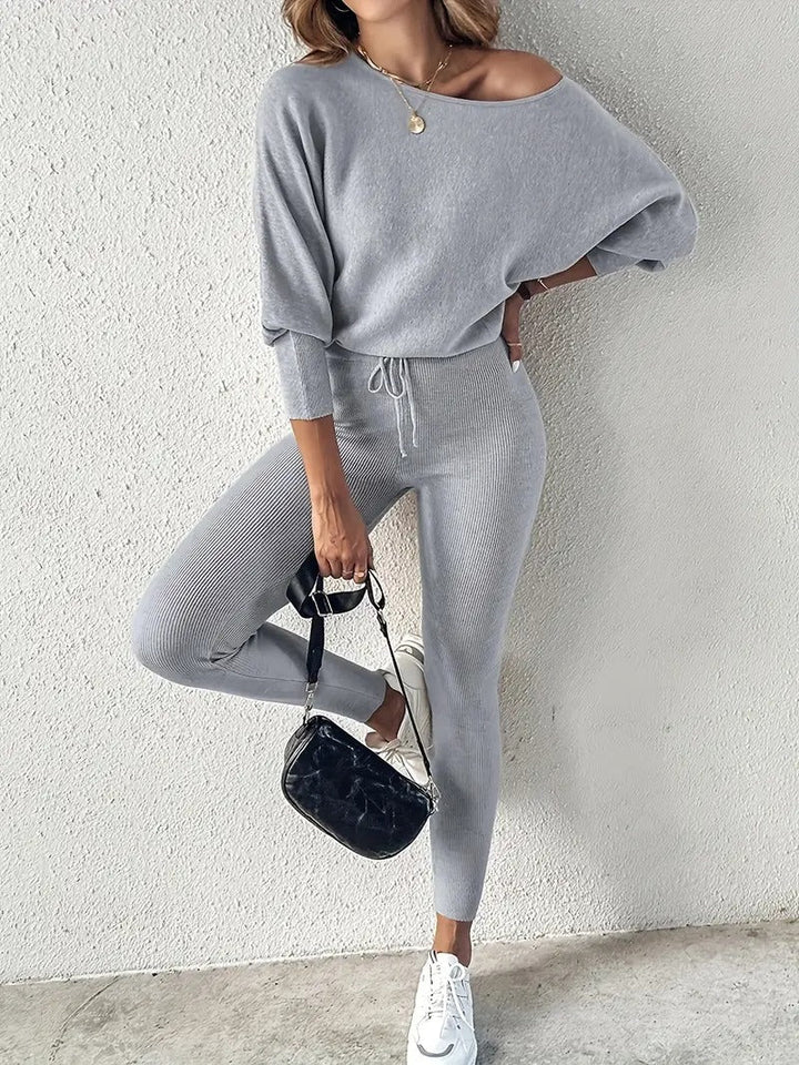 Detail of the luxurious ribbed texture on a women's lounge knit set.