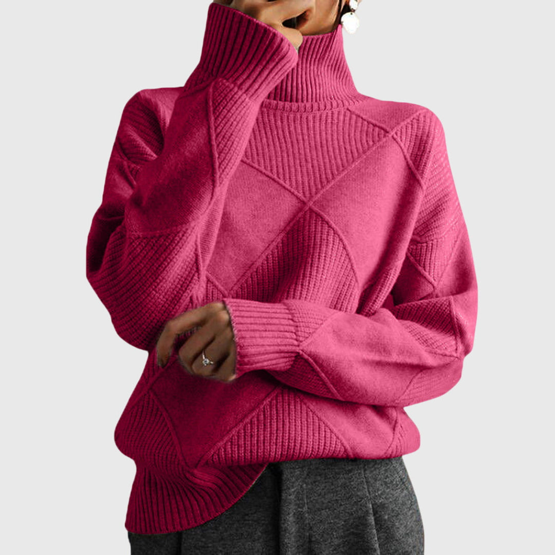 Women's cozy roll neck sweater with stylish diagonal seams, perfect for winter fashion.