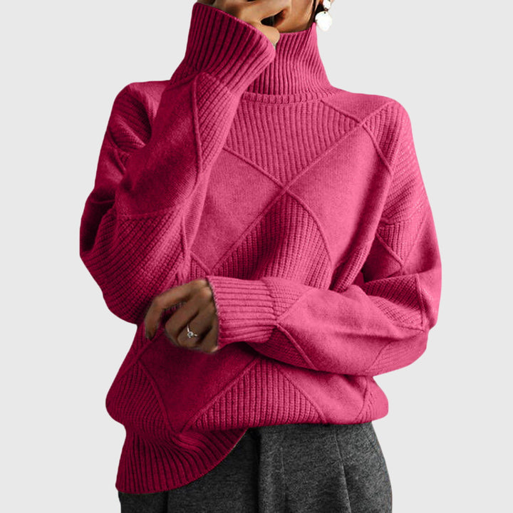 Women's cozy roll neck sweater with stylish diagonal seams, perfect for winter fashion.