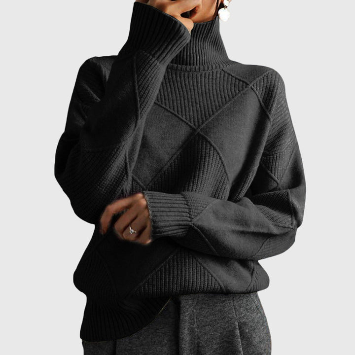 Woman enjoying the comfort of her stylish, warm women's turtleneck sweater with diagonal seams.