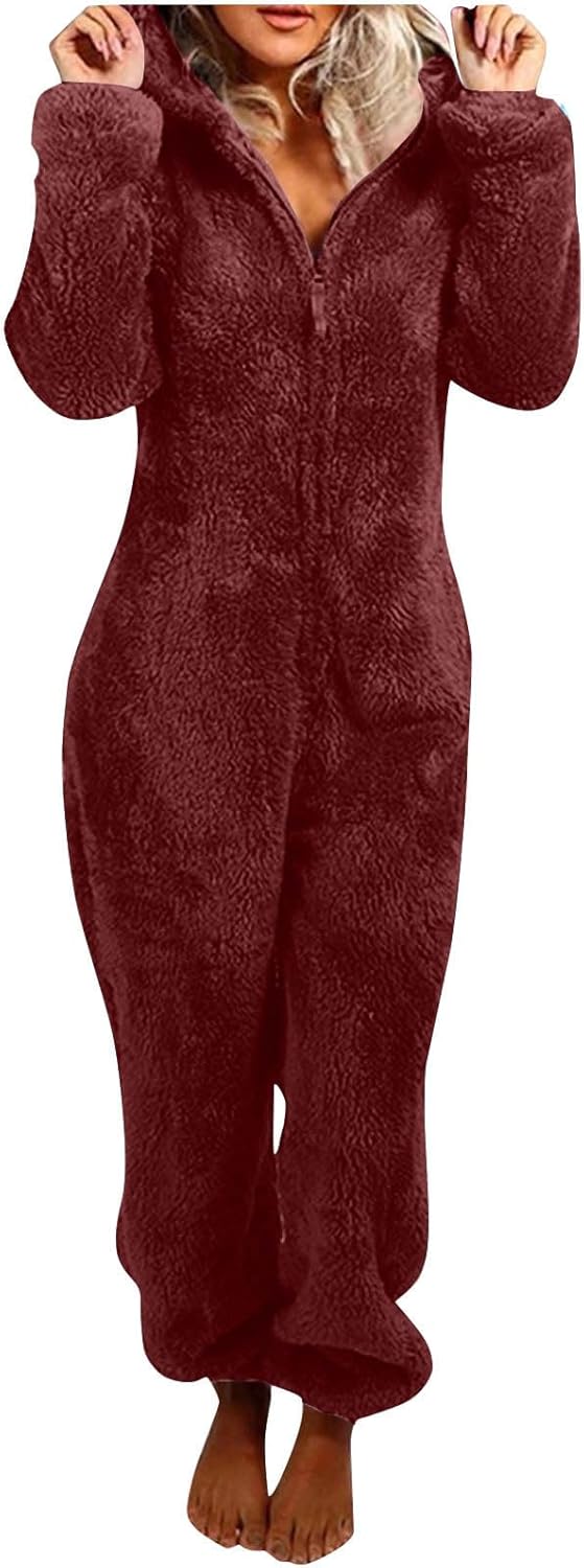 Women's cozy sherpa fuzzy onesie pajamas with hood, ultra-soft loungewear for winter comfort.