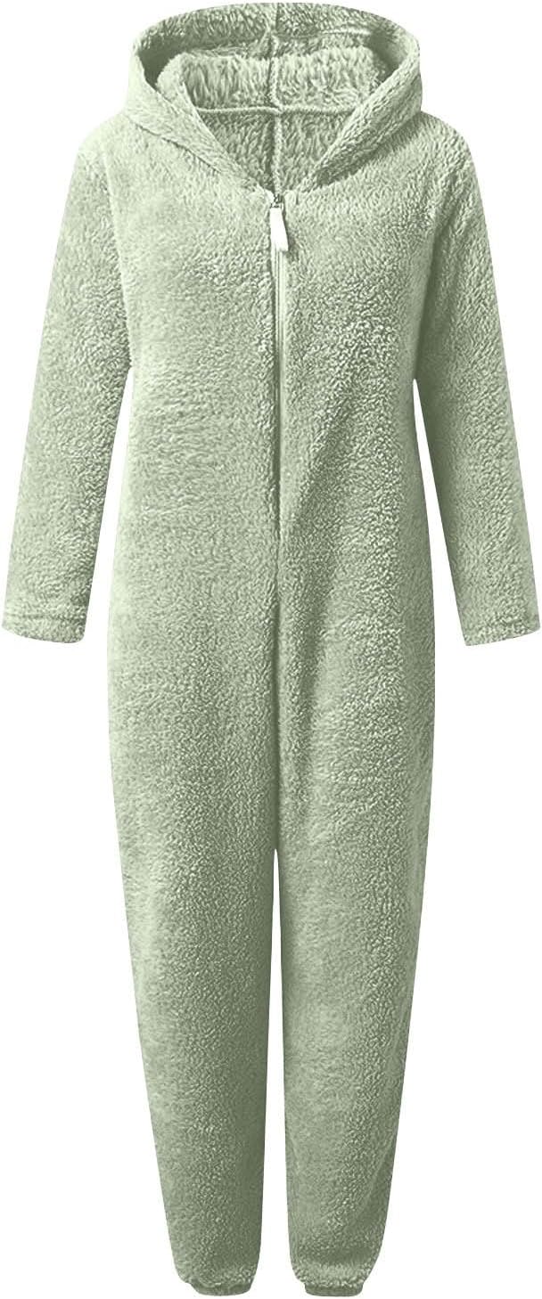 Women's cozy sherpa hooded onesie, fuzzy pajamas, soft jumpsuit for ultimate winter relaxation.