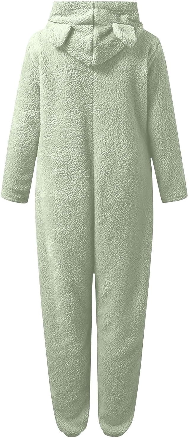 Plush sherpa fuzzy women's onesie with hood, luxurious adult sleepwear and loungewear comfort.