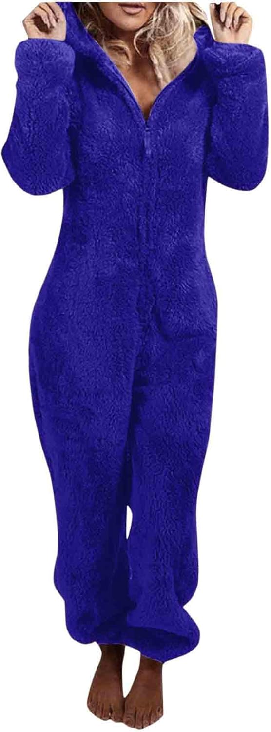 Warm and fuzzy sherpa hooded onesie for women, cozy pajamas, ideal for relaxing at home.