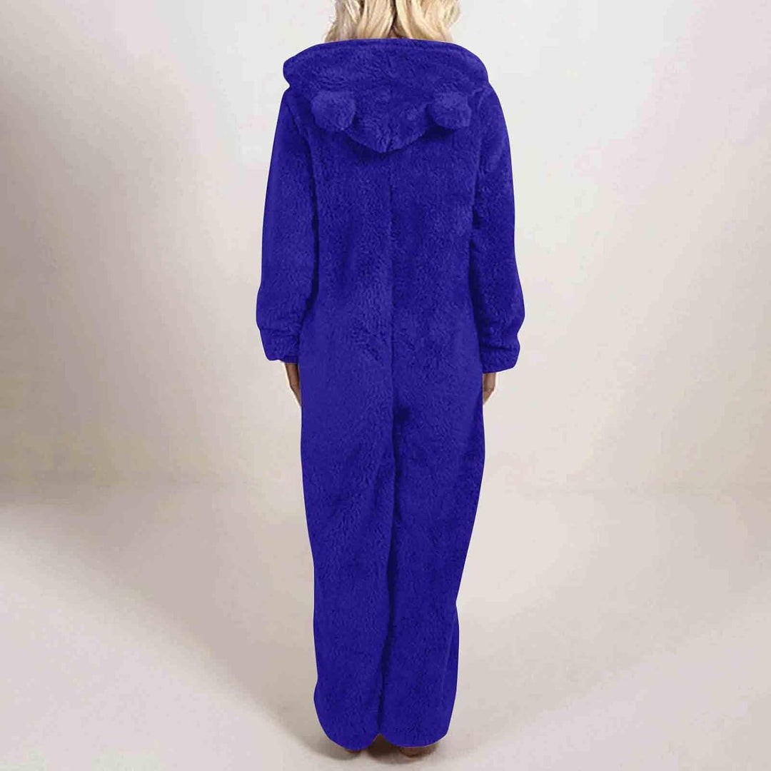 Sherpa fuzzy hooded onesie for women, plush adult loungewear, soft sleepwear for chilly evenings.