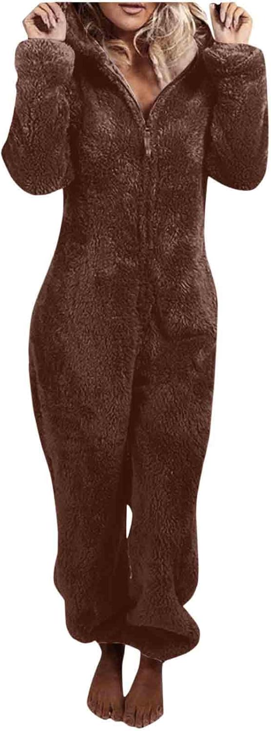 Cozy women's sherpa fuzzy onesie with hood, relaxing jumpsuit, ultimate comfort for her.