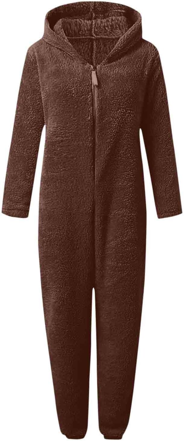 Soft sherpa fuzzy hooded onesie pajamas, women's adult sleepwear, perfect for winter nights.