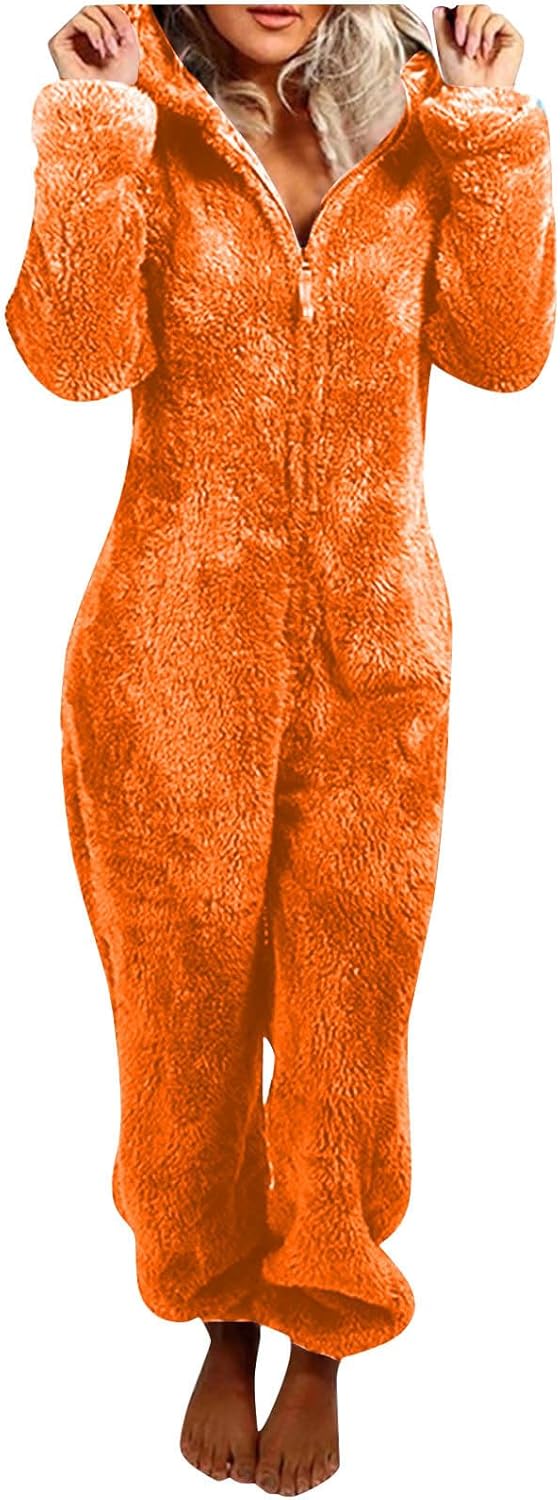Women's hooded sherpa fuzzy onesie pajamas, warm adult jumpsuit, ideal for winter relaxation.