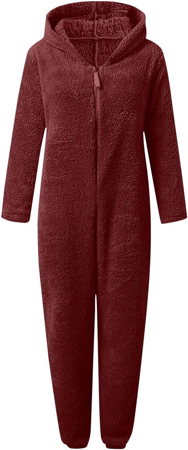 Hooded fuzzy sherpa onesie for women, plush winter sleepwear jumpsuit, ultimate relaxation wear.