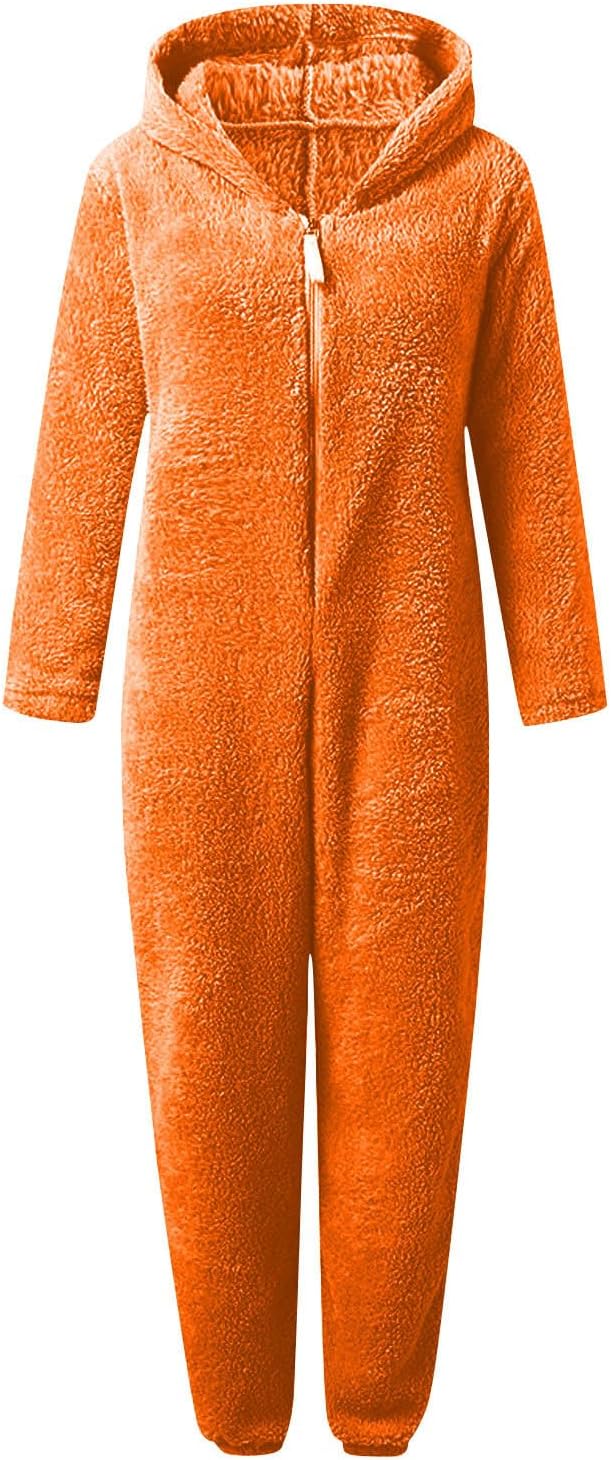 Plush and cozy sherpa fuzzy onesie with hood for women, soft sleepwear for ultimate comfort.