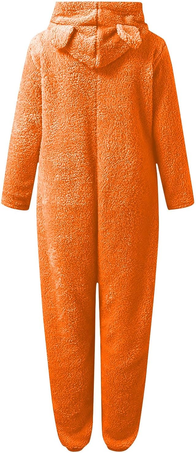Women's ultra-soft hooded sherpa onesie, fuzzy pajamas, perfect loungewear for cold weather.