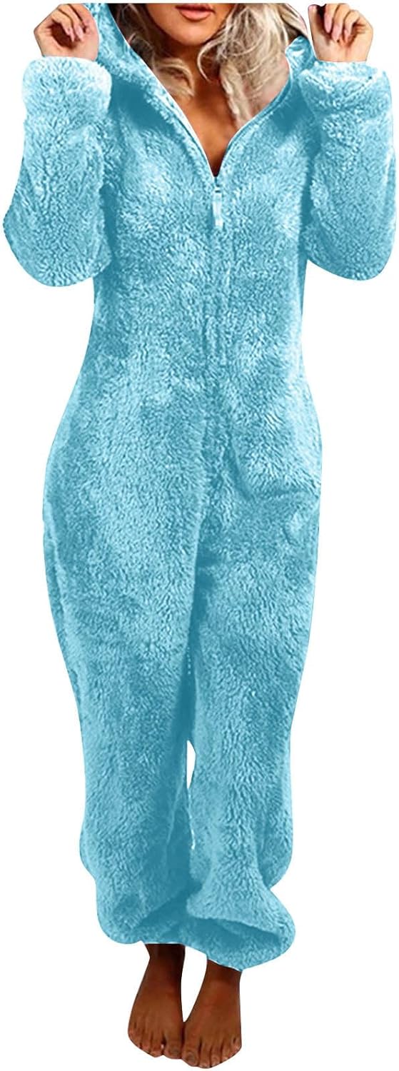 Cozy sherpa fuzzy women's hooded onesie, comfortable adult jumpsuit for winter warmth.