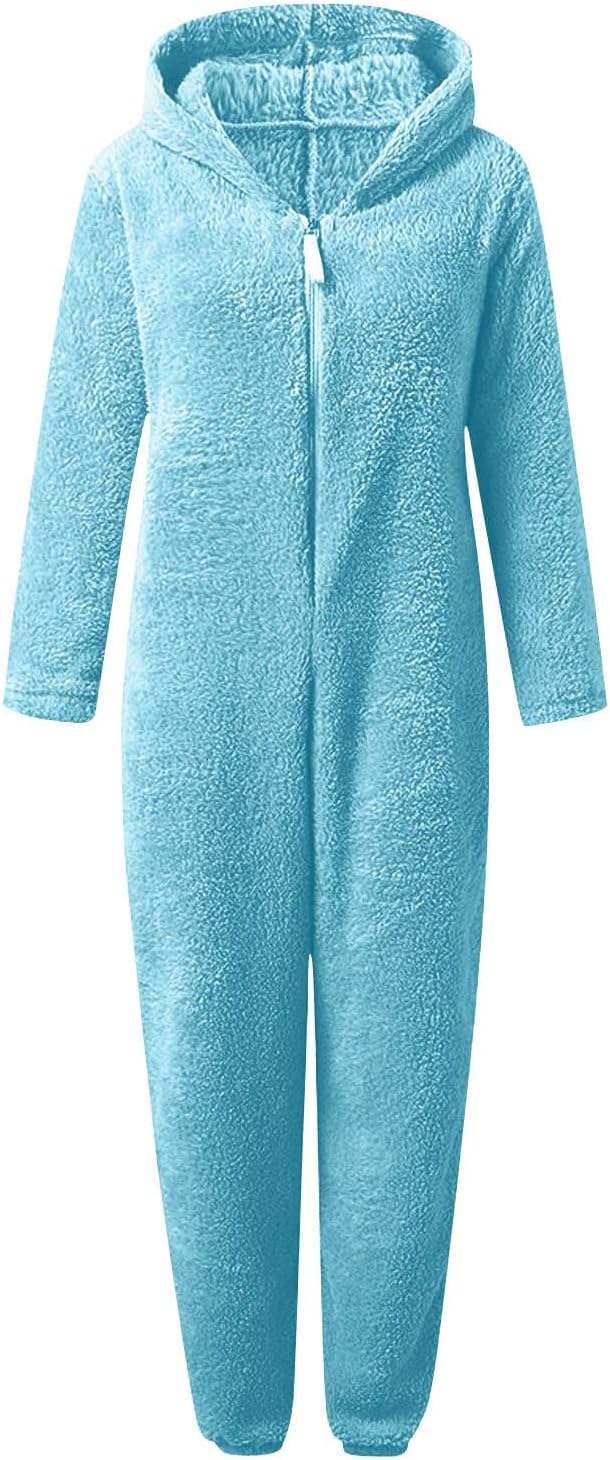 Soft sherpa fuzzy onesie with hood, women's pajamas, ideal for relaxing and sleeping in comfort.