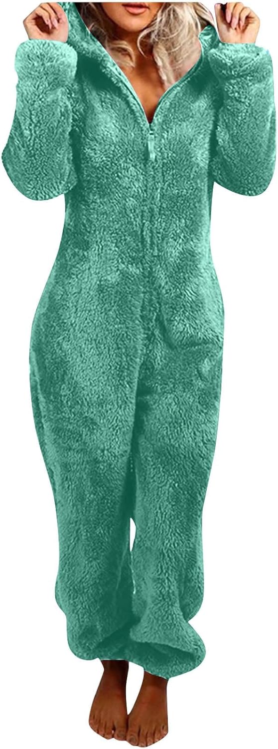 Women's cozy sherpa fuzzy hooded onesie pajamas, soft adult sleepwear, a warm gift idea.
