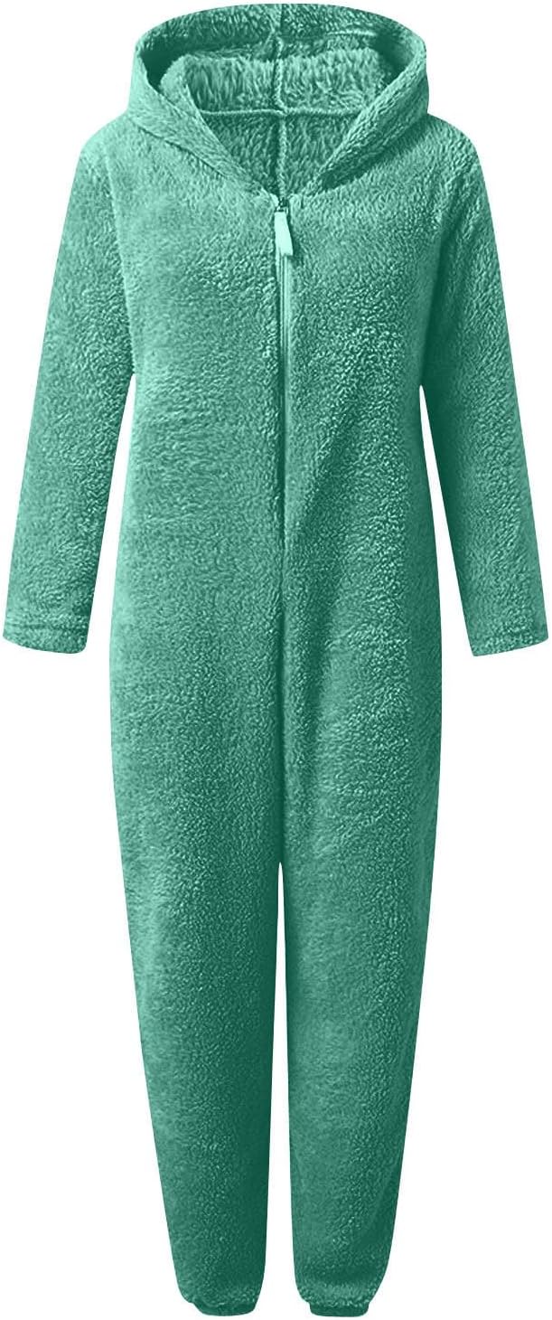 Plush sherpa fuzzy hooded onesie for women, luxurious comfort wear, ideal winter loungewear.