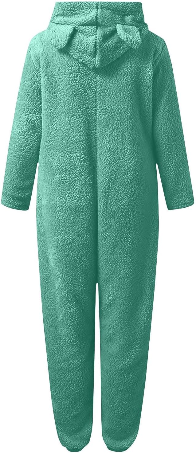 Warm sherpa fuzzy hooded onesie for women, cozy pajamas, ultimate relaxation and comfort.