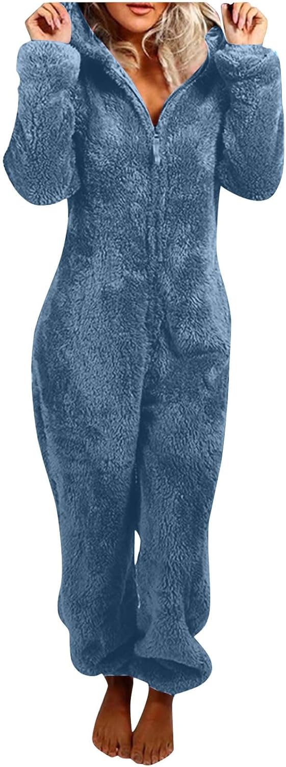 Women's ultra-cozy sherpa fuzzy onesie with hood, soft jumpsuit for ultimate winter warmth.