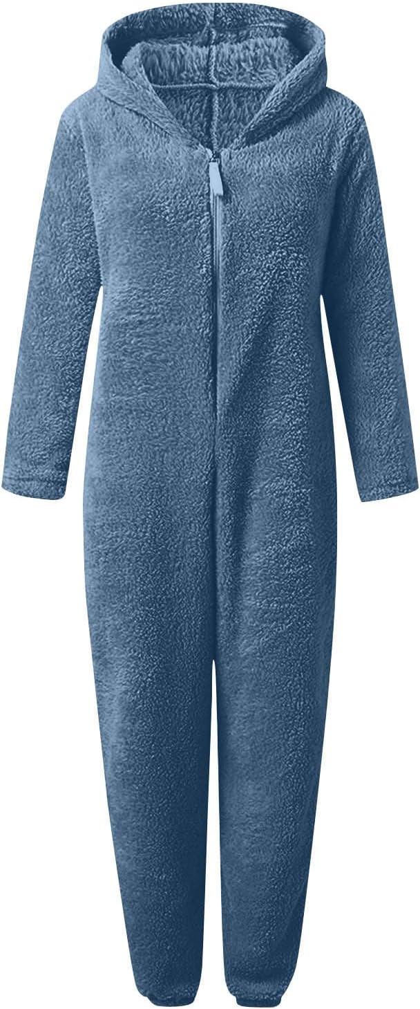 Sherpa fuzzy hooded onesie pajamas for women, plush adult sleepwear, cozy relaxation wear.