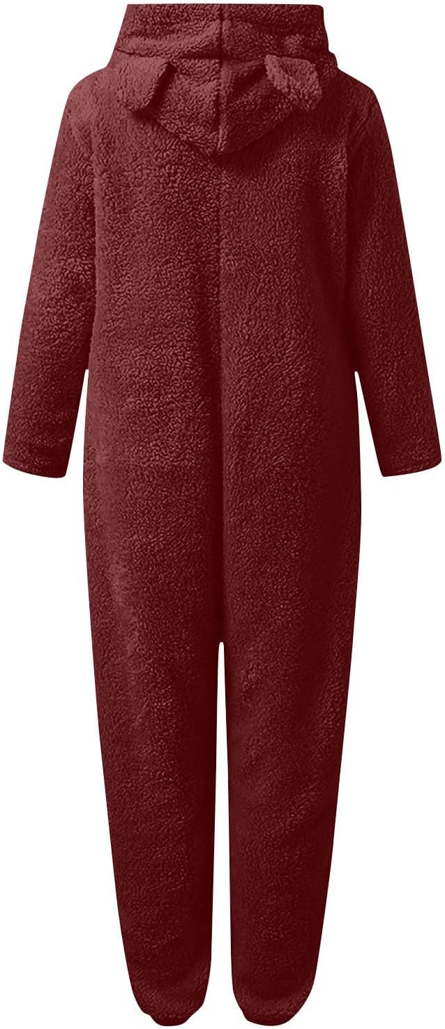 Soft sherpa women's hooded onesie pajamas, cozy and warm adult jumpsuit, perfect for chilly nights.
