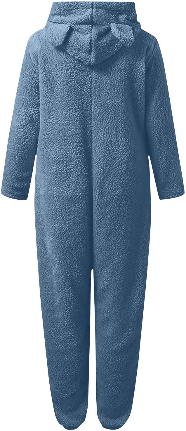 Cozy women's hooded sherpa onesie, fuzzy pajamas, ideal for comfortable lounging at home.