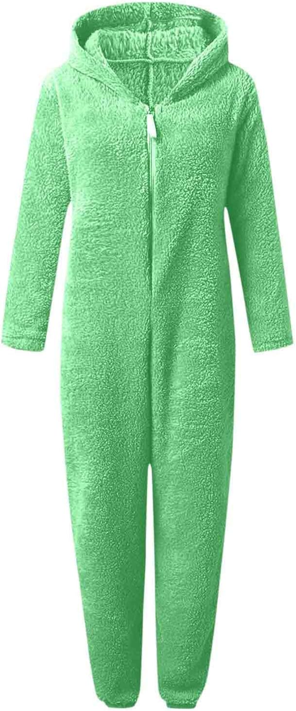 Fuzzy hooded onesie for women, sherpa loungewear, plush pajamas for maximum winter comfort.