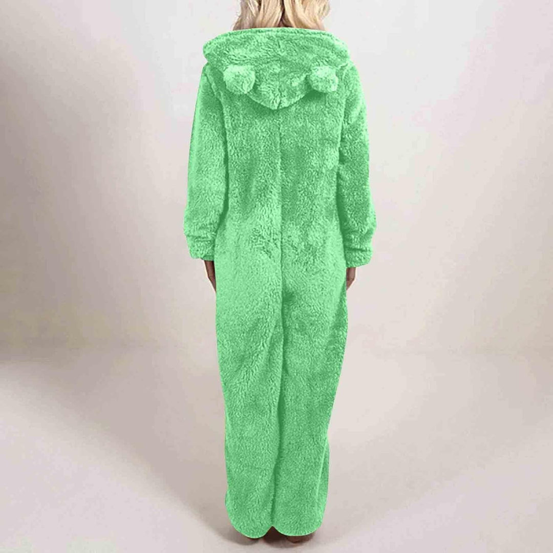 Women's cozy sherpa fuzzy hooded onesie, soft winter jumpsuit, perfect for relaxing evenings.