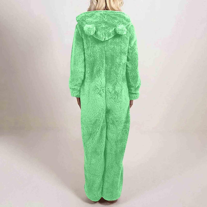 Women's cozy sherpa fuzzy hooded onesie, soft winter jumpsuit, perfect for relaxing evenings.