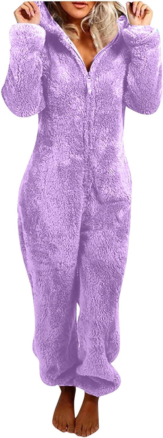 Plush sherpa fuzzy women's onesie with hood, luxurious pajamas, ultimate adult comfort wear.