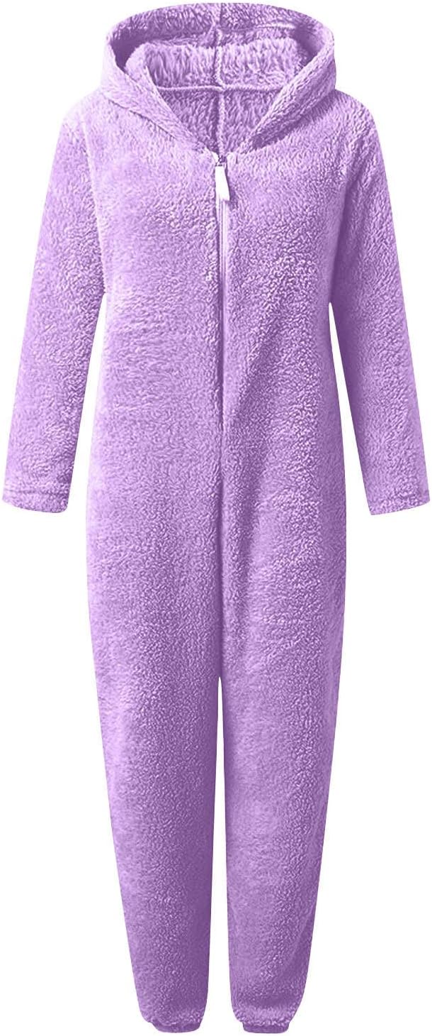 Warm and cozy sherpa fuzzy hooded onesie for women, soft loungewear, perfect for sleep.