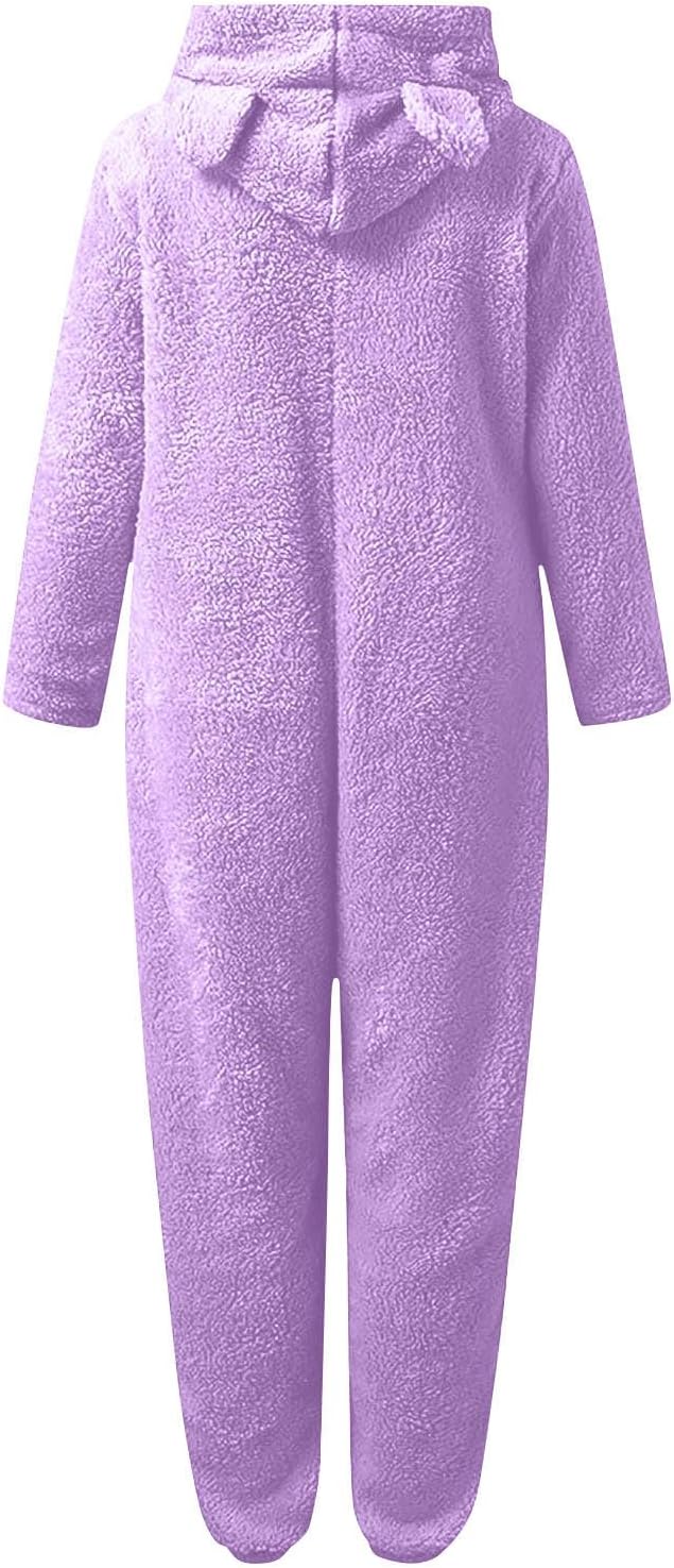 Women's ultra-soft sherpa fuzzy hooded onesie, comfy pajamas for winter relaxation.