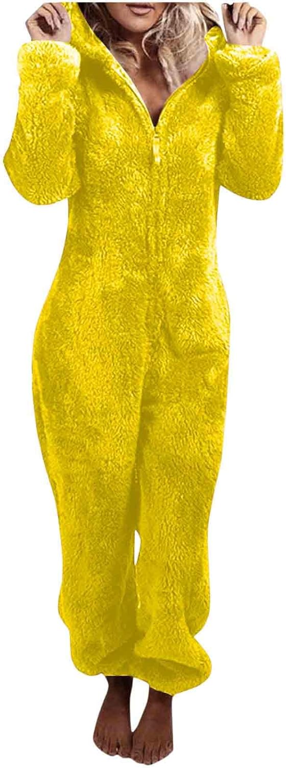 Sherpa fuzzy hooded onesie for women, plush sleepwear, cozy adult loungewear gift.