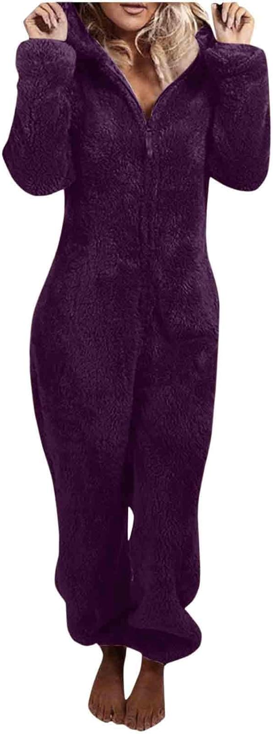 Fuzzy sherpa loungewear onesie for women, hooded design, ideal for cozy home relaxation.