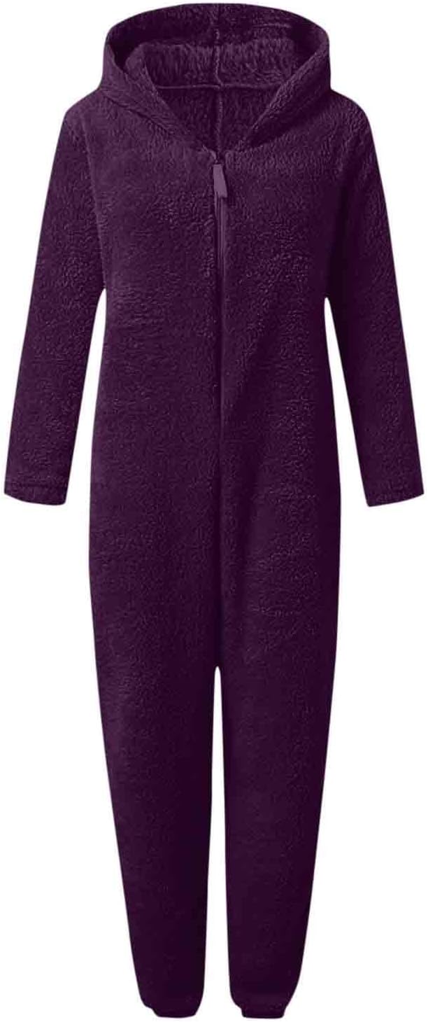 Women's ultra-soft sherpa fuzzy onesie with hood, comfortable pajamas, a great gift for her.