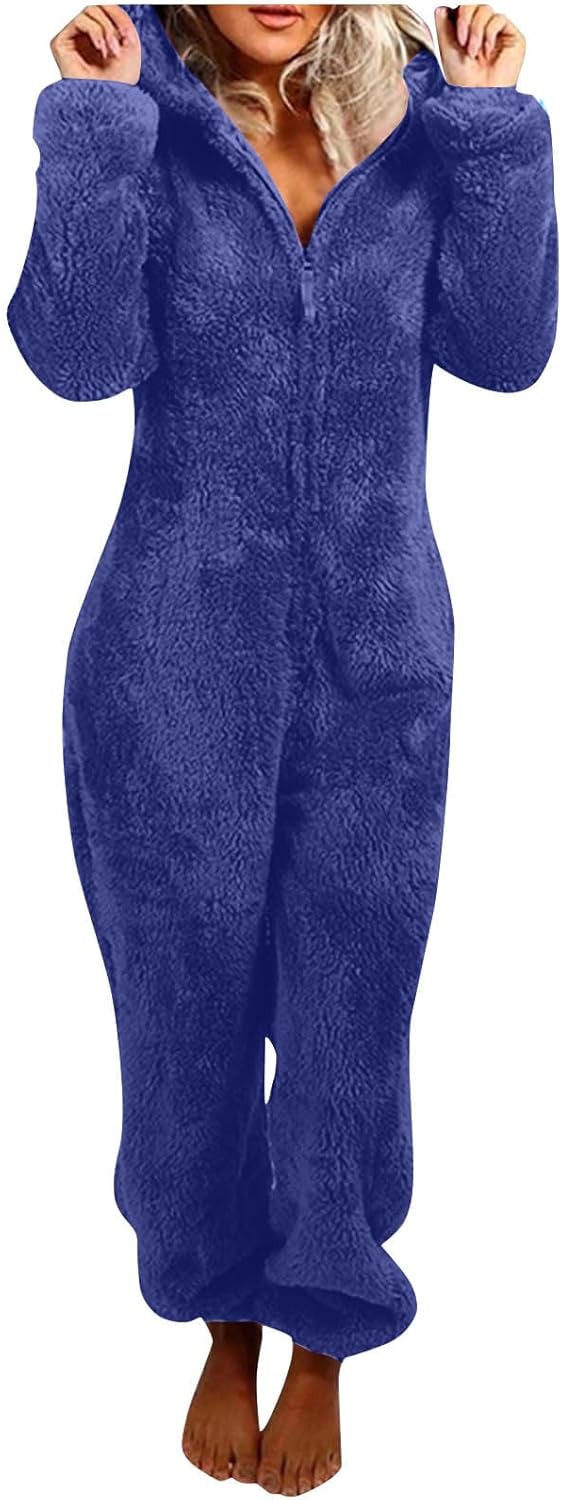 Cozy sherpa fuzzy hooded onesie for women, adult sleepwear jumpsuit, luxurious lounging.