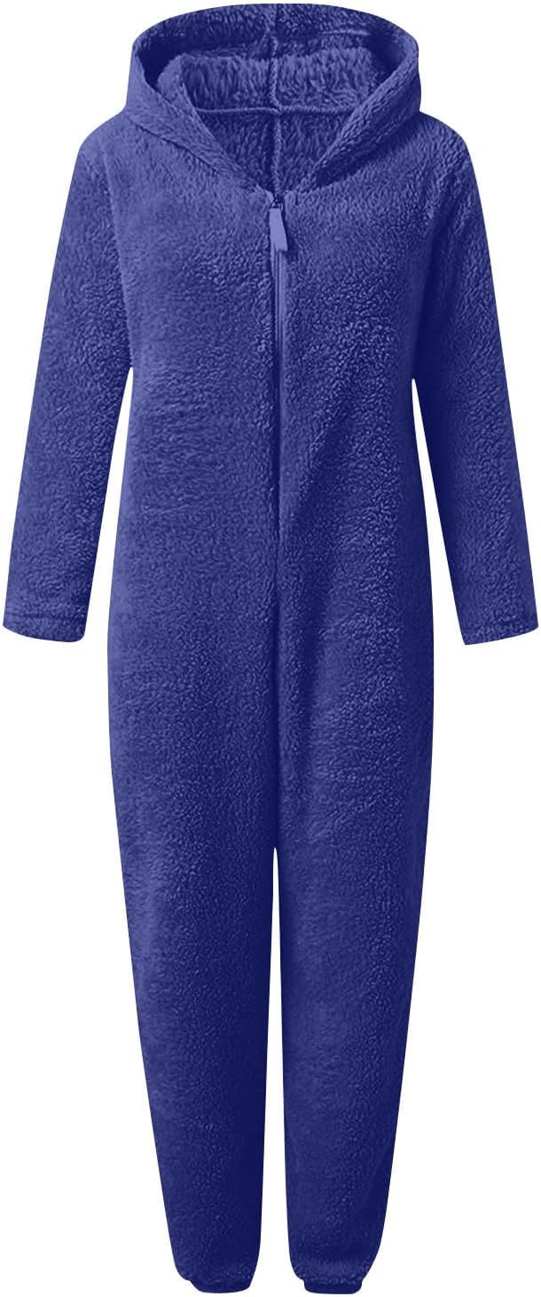 Women's warm sherpa fuzzy onesie pajamas, hooded, perfect relaxation wear for cold weather.