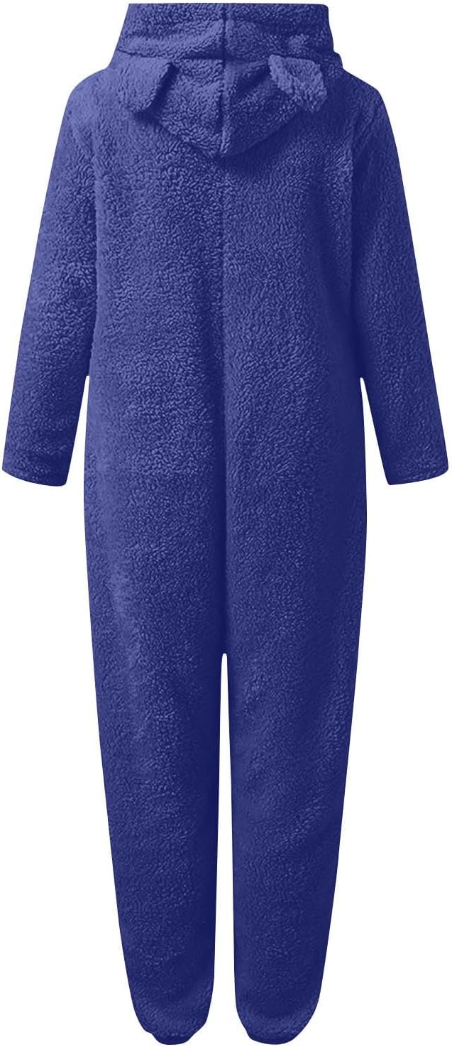 Softest sherpa fuzzy women's onesie with hood, plush comfort for winter sleepwear and lounging.