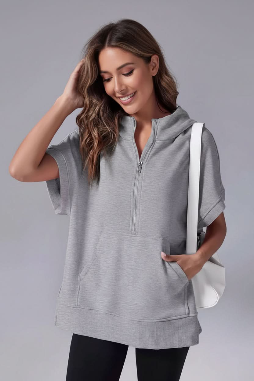 Relaxed fit women's short sleeve pullover hoodie for spring fashion & summer loungewear.