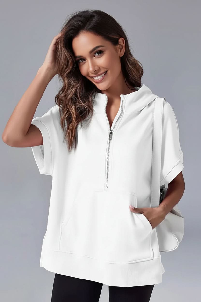 Effortless casual women's short sleeve half-zip hoodie in a relaxed fit for daily wear.