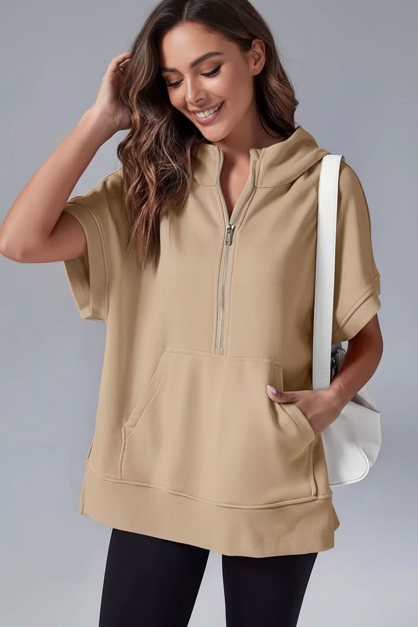 Stylish women's short sleeve pullover hoodie with a half-zip design, perfect for loungewear.