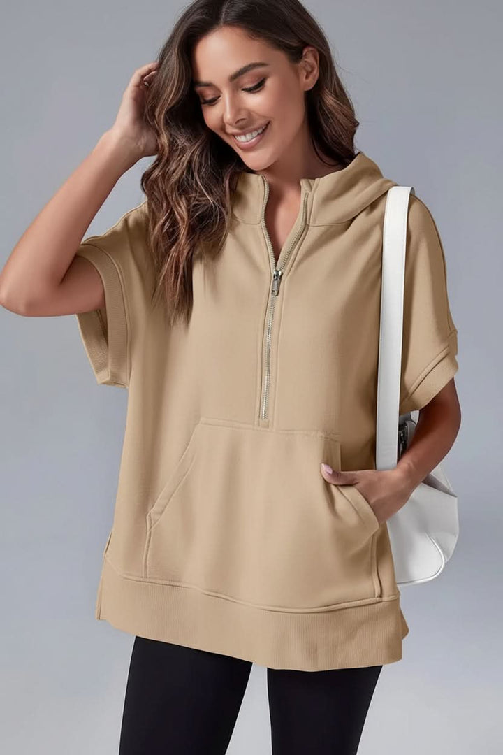 Stylish women's short sleeve pullover hoodie with a half-zip design, perfect for loungewear.