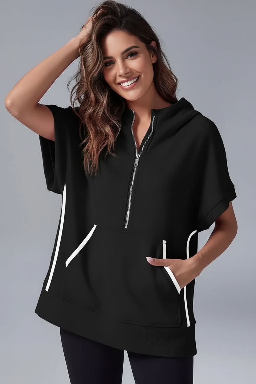 Fashionable women's short sleeve hoodie, a versatile casual top for everyday style & comfort.