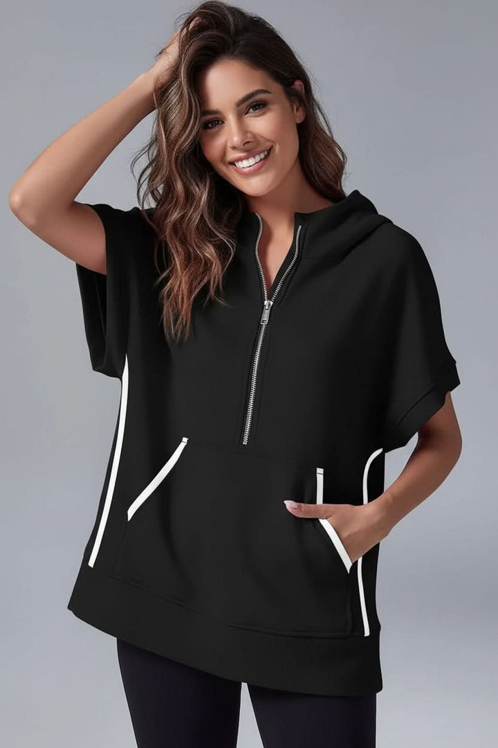 Fashionable women's short sleeve hoodie, a versatile casual top for everyday style & comfort.