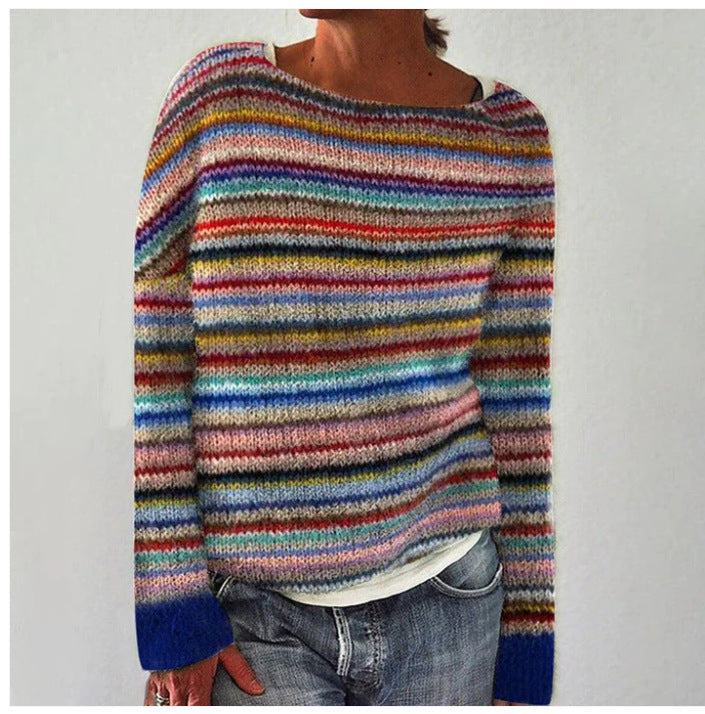 Women's cozy striped knit sweater with round neck, perfect for autumn & winter casual style.