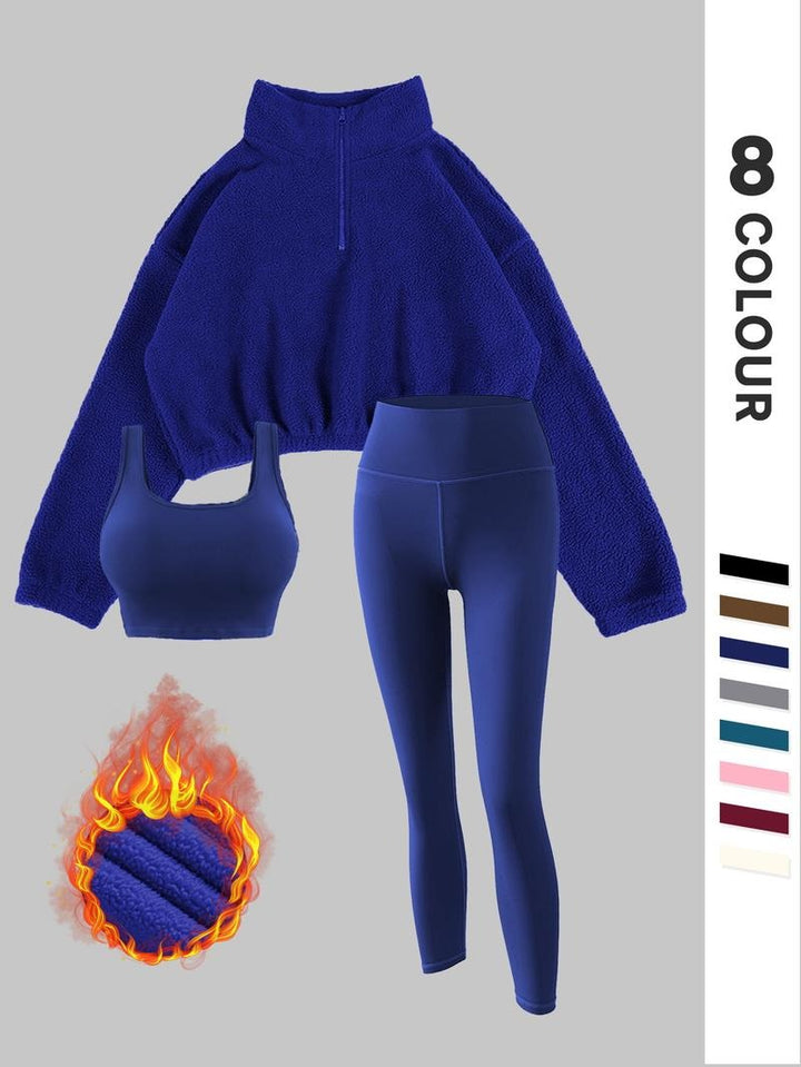 Soft thermal fleece lounge set for women, featuring a long-sleeve top and matching comfy activewear leggings.