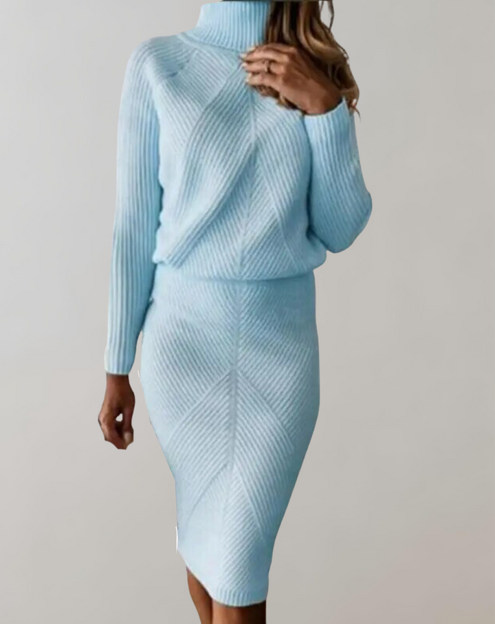 Stylish women's turtleneck long-sleeve top & midi skirt matching set for winter.