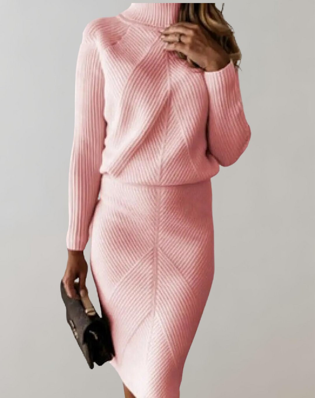 Elegant women's knitted turtleneck & skirt two-piece set. Slim-fit winter fashion.