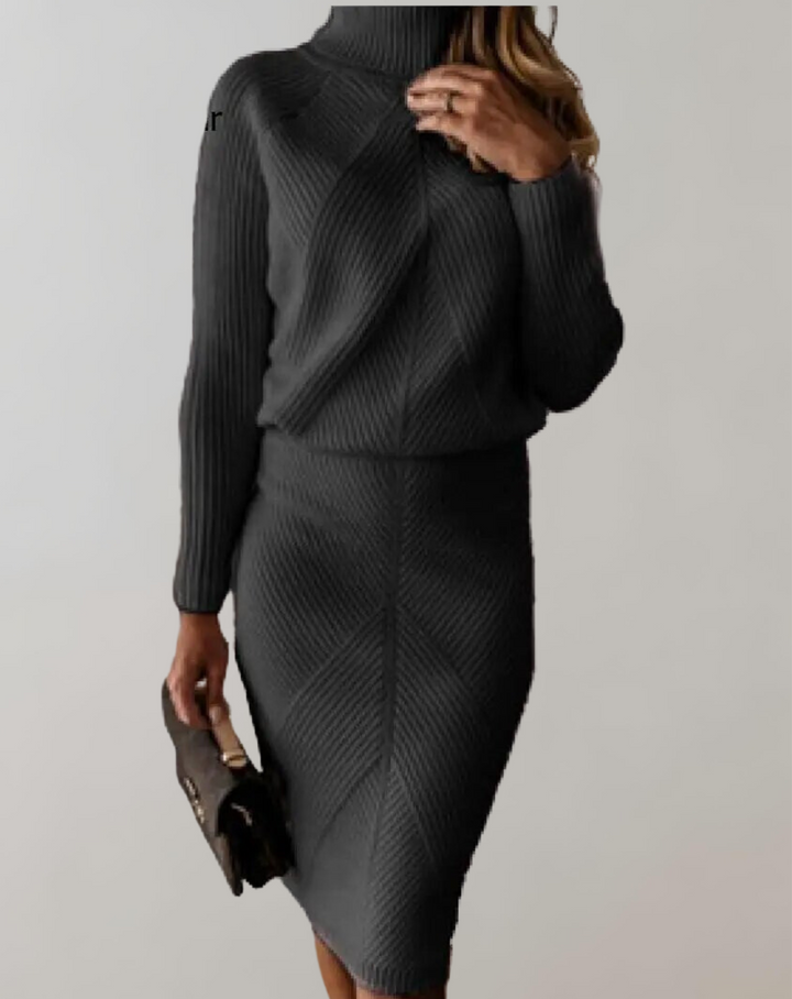 Chic women's matching turtleneck & skirt set. Long-sleeve for cozy winter style.
