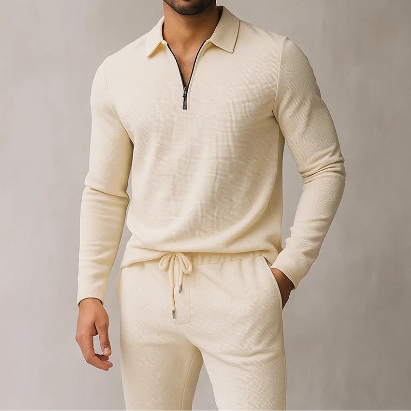 Women's cozy waffle knit lounge set, two-piece with zip top & joggers. Perfect for comfort & casual wear.