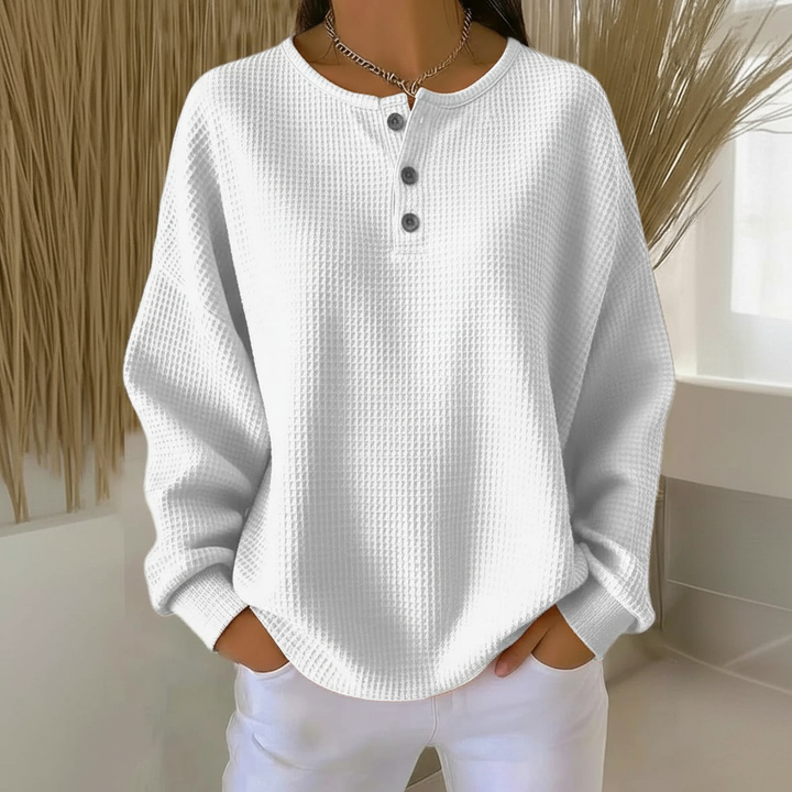 Textured women's waffle knit sweater. Soft and comfortable everyday top for effortless all-day wear & fall style.